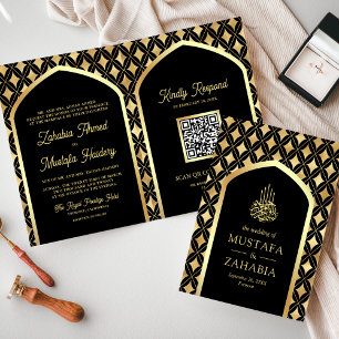 Convite Diamantes Ouro Preto Arco Código QR Casamento Muçu