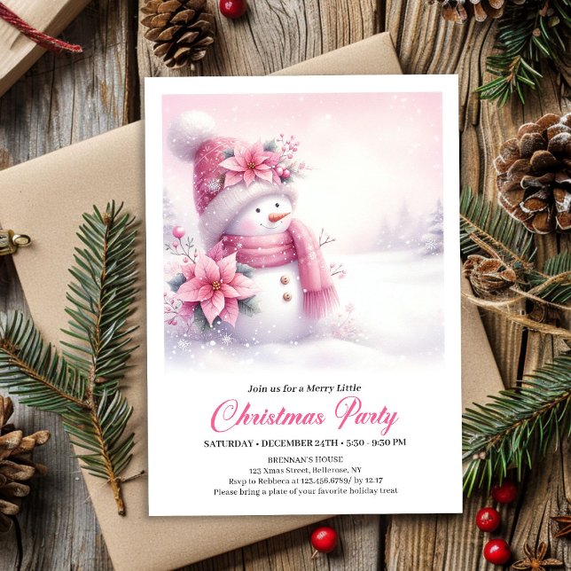 Convite Digital de Natal Boneco de Neve Rosa Feliz (Blissful Pink Snowman Digital Christmas Invite for Kids)