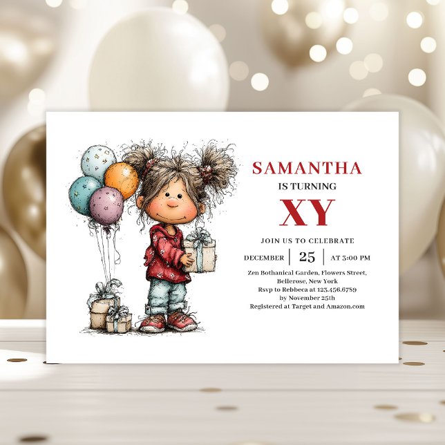 Convite divertido e alegre de aniversário de garot (Funny Cartoon Girl Birthday Playful invitation)