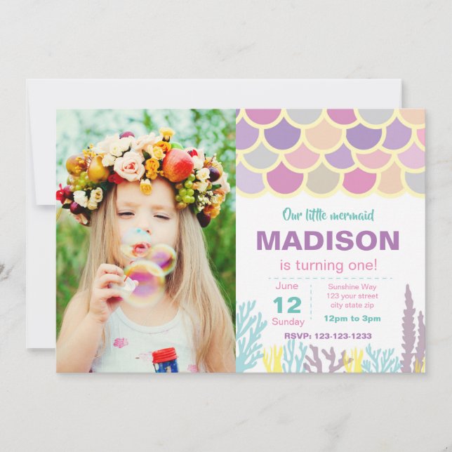 Convite do aniversário da sereia com foto (Frente)