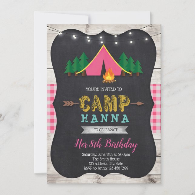 Convite do aniversário do acampamento da menina (Frente)