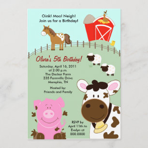 Convite do aniversário do Barnyard 5x7 dos bebês