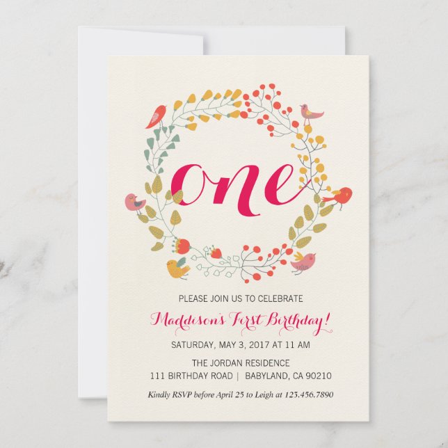 Convite do aniversário do bebê floral da grinalda (Frente)