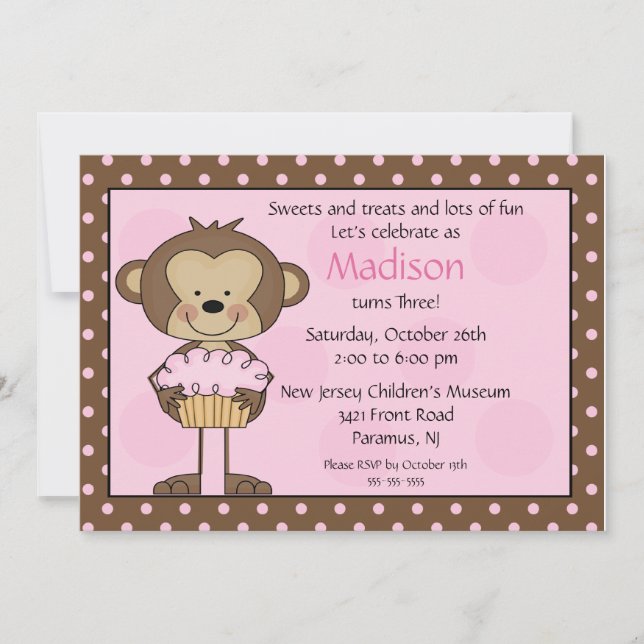 Convite do aniversário do cupcake do macaco (Frente)