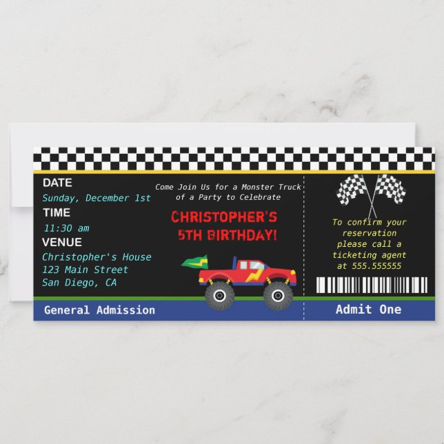 Convite do aniversário do monster truck (Frente)