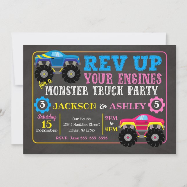 Convite do aniversário do monster truck/menina (Frente)