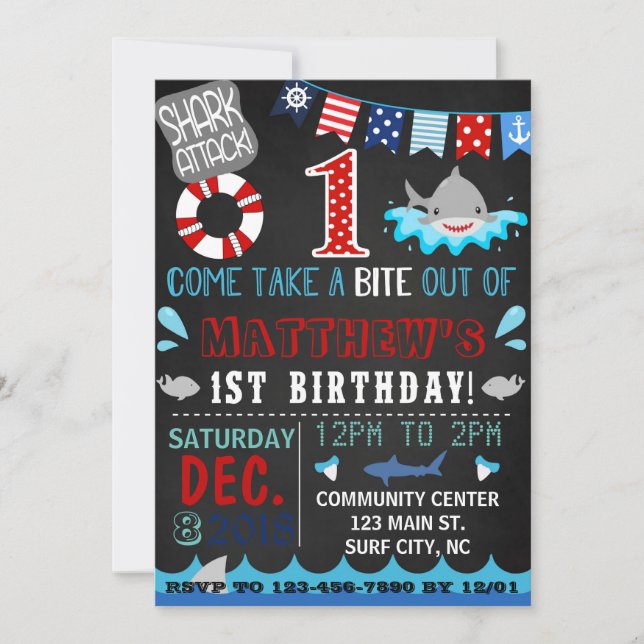 convite do aniversário do tubarão primeiro (Frente)