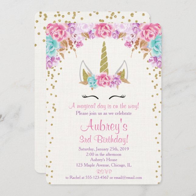 Convite do aniversário do unicórnio, ouro roxo (Frente/Verso)