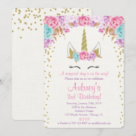 Convite do aniversário do unicórnio, ouro roxo
