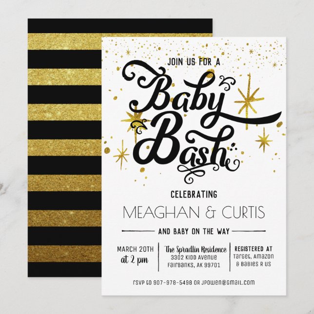 Convite do Baby Bash | Preto, Branco e Dourado (Frente/Verso)
