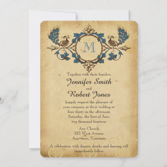 Convite do casamento do monograma do pavão do (Frente)
