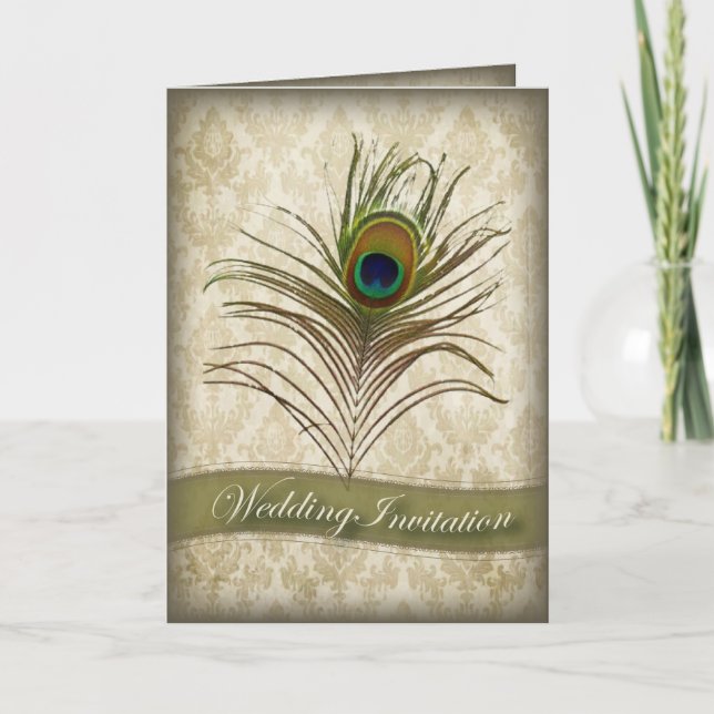 Convite do casamento do pavão do damasco do (Frente)