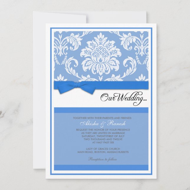 Convite do casamento tema damasco no azul (Frente)