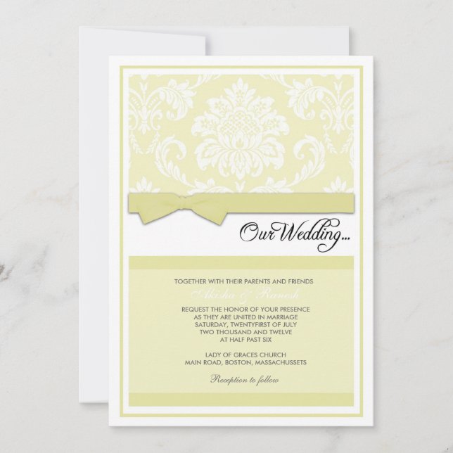 Convite do casamento tema damasco no creme (Frente)