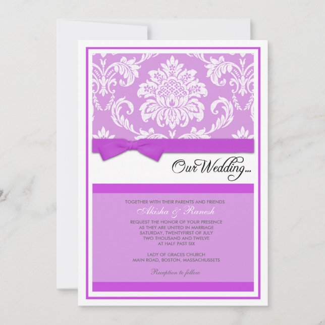 Convite do casamento tema damasco no roxo (Frente)