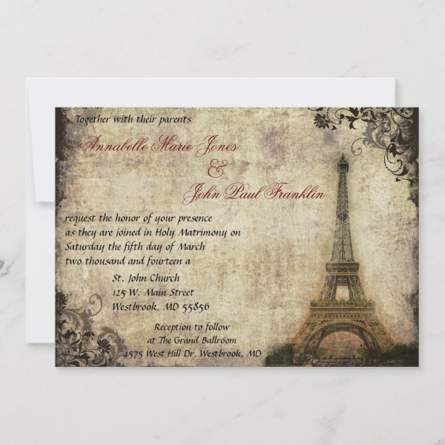 Convite do casamento vintage da torre Eiffel (Frente)