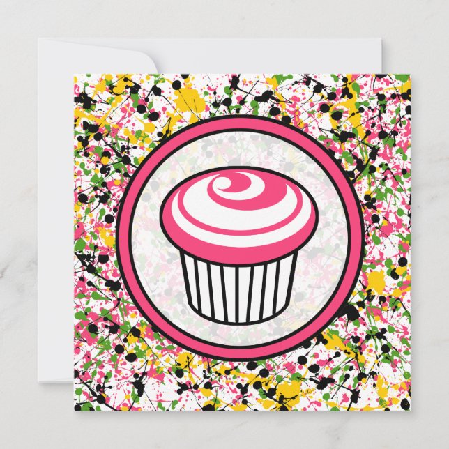 Convite do cupcake - Splatter multicolorido da (Frente)