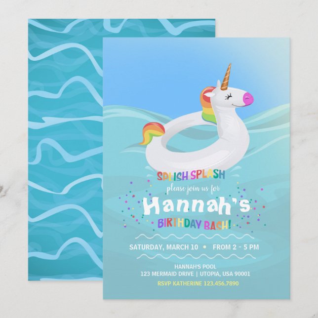 Convite do flutuador do unicórnio da festa na (Frente/Verso)