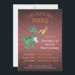 Convite do Partido do CHURRASCO do Funny Dragon<br><div class="desc">Convite para festa de aniversário de CHURRASCO, com um dragão bonitinho no estilo cartoon aquecendo um cachorro-quente respirando nele. Em um fundo vermelho escuro mate com raios. O texto pode ser mudado para a ocasião - você pode tê-lo para comemorar uma festa de aniversário de 30 anos ou a 50ª,...</div>