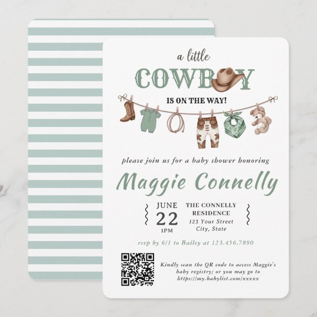 Convite do Pequeno Cowboy Verde Bebê a Caminho (Frente/Verso)