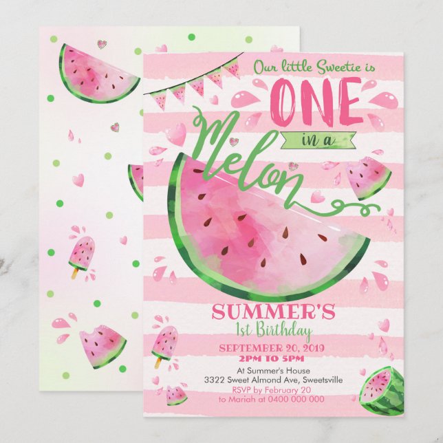 Convite do primeiro aniversario da melancia (Frente/Verso)