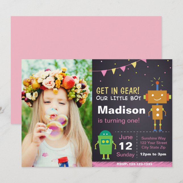 Convite do Robô Rosa com foto (Frente/Verso)