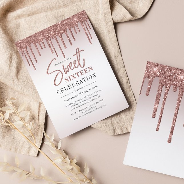 Convite do Rosa Dourado Glitter Drips Script Sweet (Sweet 16 Birthday Party Invitation)