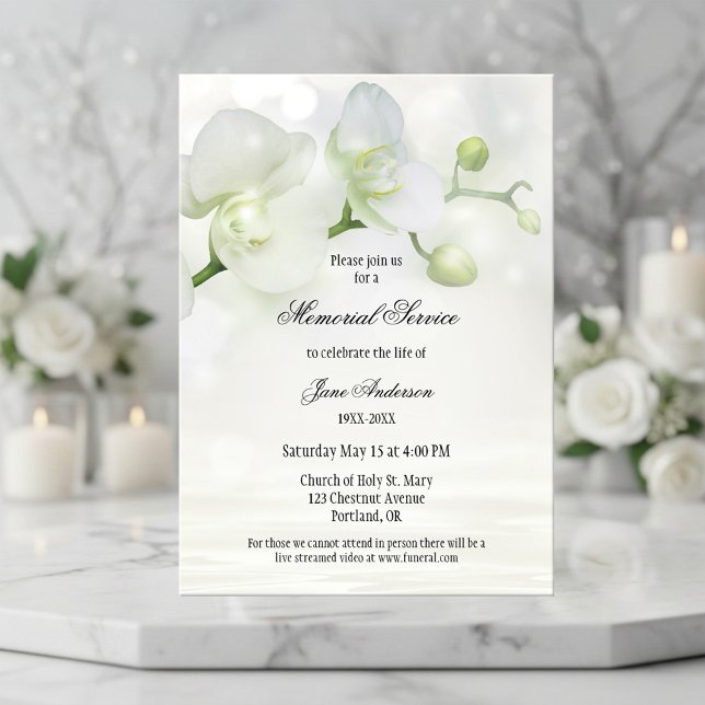 Convite do Serviço Memorial Funeral Orquídeo Elega (Memorial or funeral service invitation featuring a light design with white orchids)