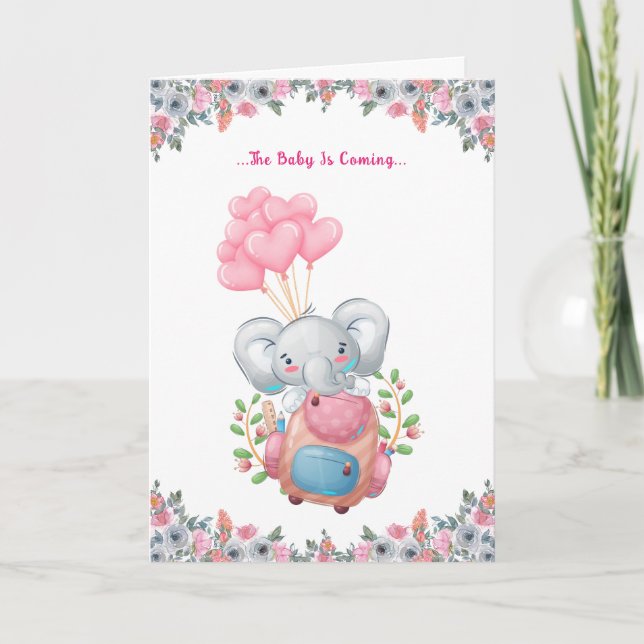 Convite Dobrável para Chás de Bebê de Elefante Ros (Frente)