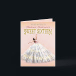 Convite Doce 16 Aniversário Vestido Dourado Rosa<br><div class="desc">Estes bonitos 16 convites dobrados incluem uma linda dançarina de aquarela na frente de um vestido longo que bate uma pose com seus braços. O fundo é cor-de-rosa com uma borda de manchas douradas / confetti. O vestido de cinza branca do bailarino tem um leve aspecto brilhante. A expressão "16...</div>