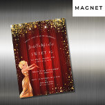 Convite Doce 16 filme de luxo com glitter de ouro vermelho<br><div class="desc">Um moderno, na moda e glamouroso ímã de convite para uma doce festa de aniversário 16, 16, tema Hollywood. Um fundo vermelho com pó de ouro falso, uma garota vestindo um vestido de ouro. Uma cortina de filme vermelha como fundo O nome é escrito com um moderno script de estilo...</div>