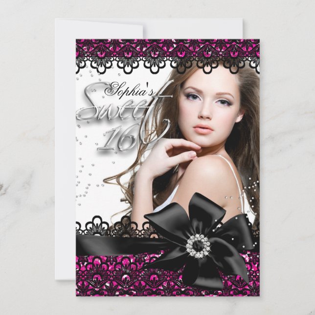 Convite doce 16 Pink & Black Glitter Lace Photo (Frente)