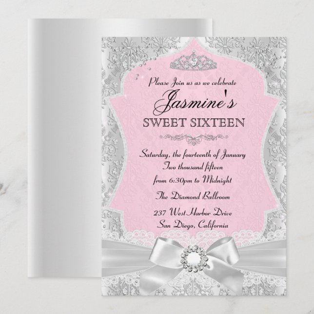 Convite Doce 16 Rosa Dourado Damask (Frente/Verso)
