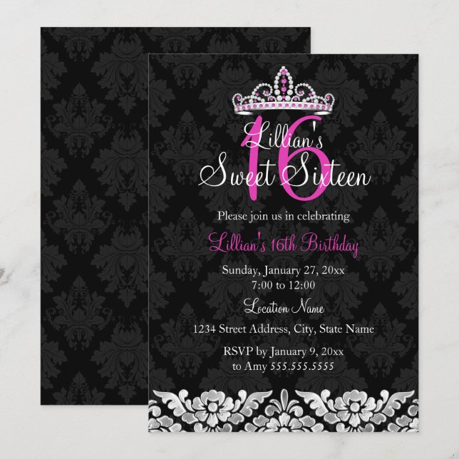 Convite doce 16 Rosa Quente Preto Damask & Tiara (Frente/Verso)