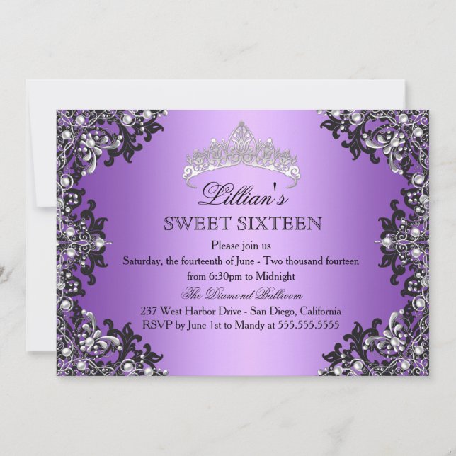 Convite Doce 16 Tiara de Damasco Preto Prata Roxo (Frente)
