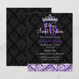 Convite Doce 16 Tiara de Damasco Preto Roxo