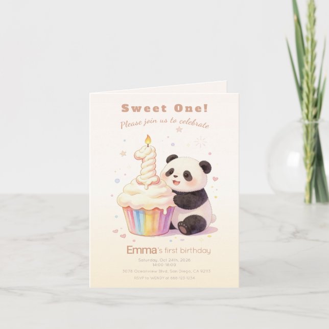 Convite Doce Panda de Pastel Aniversário de 1 ano (Frente)