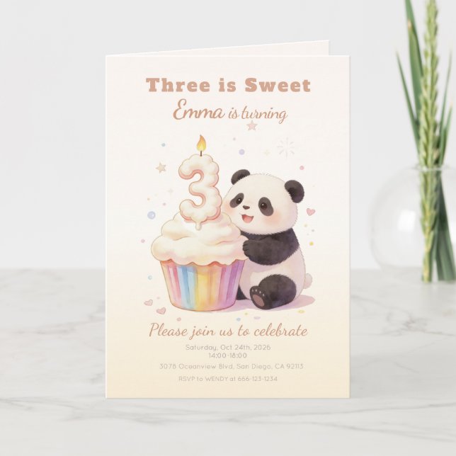 Convite Doce Panda de Pastel Bebê 3º Aniversário (Frente)