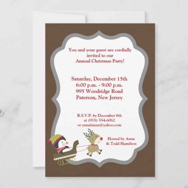 convite dos jogos do Natal do pinguim 5x7/rena (Frente)