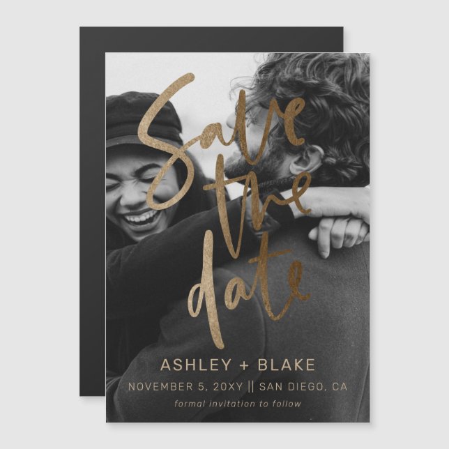 Convite Dourada caligrafia Foto para salvar a data (Frente/Verso)