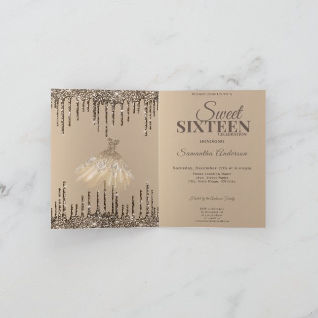 Convite Dourada Glitter Spark Sweet 16 Festa de aniversári (Interior)