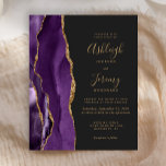 Convite Dourado Agate Dark Casamento Roxo de Orçam<br><div class="desc">A borda esquerda deste elegante convite de casamento moderno apresenta uma cor d'água roxa,  borda agitada,  aparada com falso brilho dourado. O texto personalizável combina manuscritos dourados,  copperplate e fontes itálicas em um fundo de cinza de carvão escuro. O verso apresenta um design de agate roxo e dourado correspondente.</div>