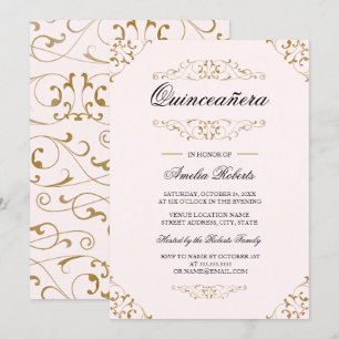 Convite Dourado Antiquado para Quinceanera