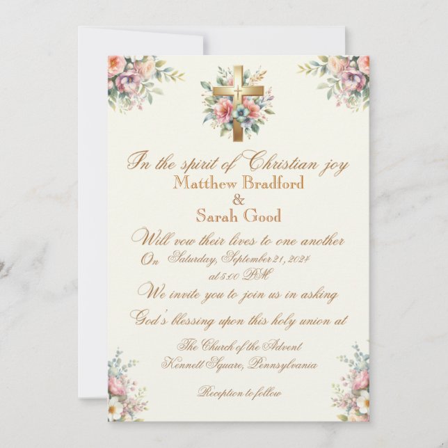 Convite Dourado ao Casamento Cruzado de Flor Azul  (Frente)