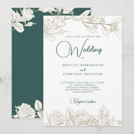 Convite Dourado ao Casamento Floral Emerald Green