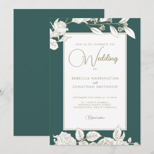 Convite Dourado ao Casamento Floral Emerald Green