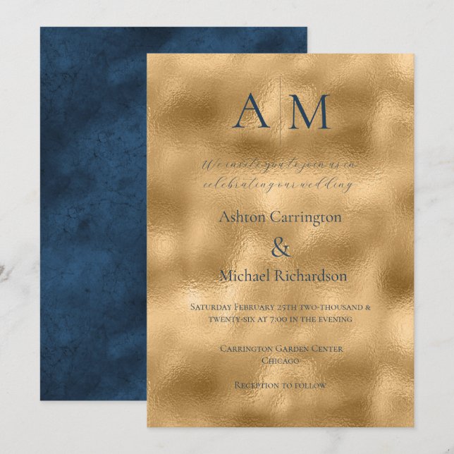 Convite Dourado ao Casamento Moderno de Ecru Azul (Frente/Verso)