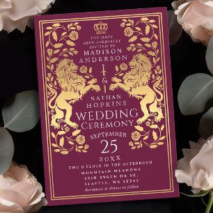 Convite Dourado ao Casamento Vermelho Real Lion Me