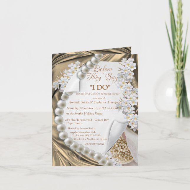 Convite Dourado, azul, marfim, seda verde e pérolas (Frente)