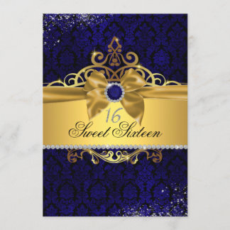 Convite Dourado Azul Real Damask Sweet Sixteen